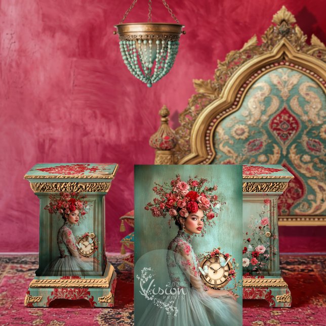 Rose Portrait Schmetterlinge Uhr Blumenmuster Seidenpapier (Scarlet Rose, Flower adorned woman, Vintage clock & butterflies decoupage tissue Paper)