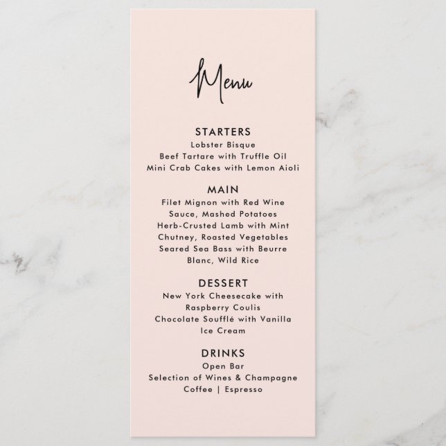 rose poussiéreux, menu mariage moderne (Devant)