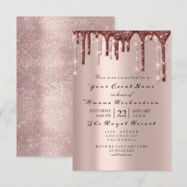 Rose Pulver Funkelnd Glitzer Tropfen BRIDAL 16. Einladung (Vorne/Hinten)