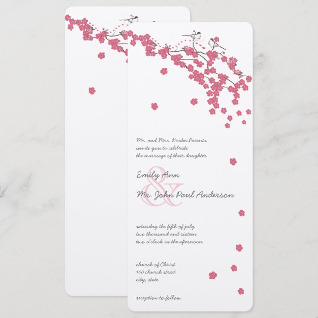 Rose Quartz Pink Cherry Blossom Chickadee Wedding Einladung (Vorne/Hinten)