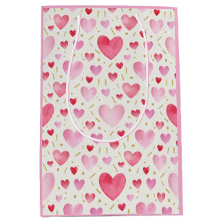 Rose Quartz Romance: Wasserfarben-Herzen & Gold Mittlere Geschenktüte