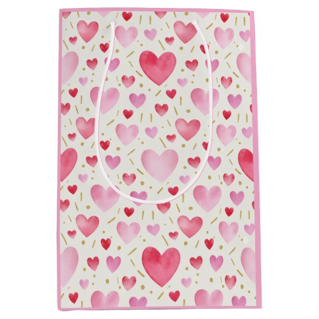 Rose Quartz Romance: Wasserfarben Herzen & Gold  Mittlere Geschenktüte (Vorderseite)