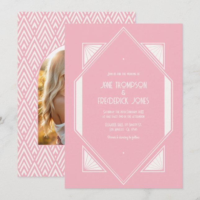 Rose Quartz & Soft Ivory Art Deco Wedding Photo Einladung (Vorne/Hinten)