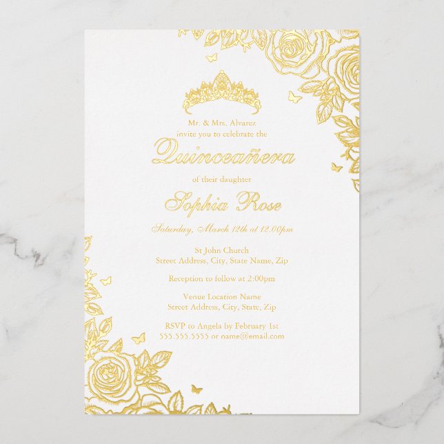 Rose Quinceanera Geburtstag Folieneinladung (Vorderseite)