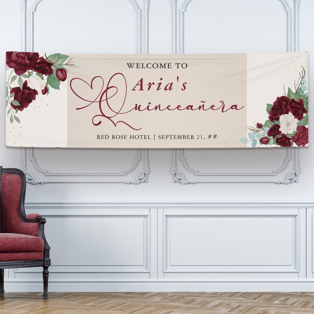 Rose Quinceanera Willkommen bei der Roten Elfenbei Banner (Quinceanera welcome banner with sweet calligraphy and burgundy red rose blooms)
