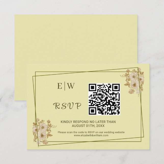 Rose-Rahmen - Mongram, Celestial Yellow Wedding RSVP Karte (Vorne/Hinten)