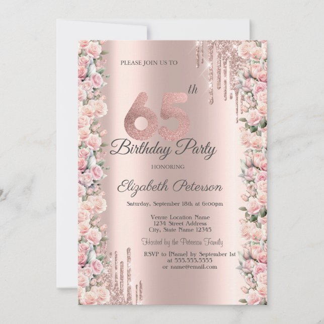 Rose Rahmen Tropfen Rose Gold 65. Geburtstag Einladung (Vorderseite)