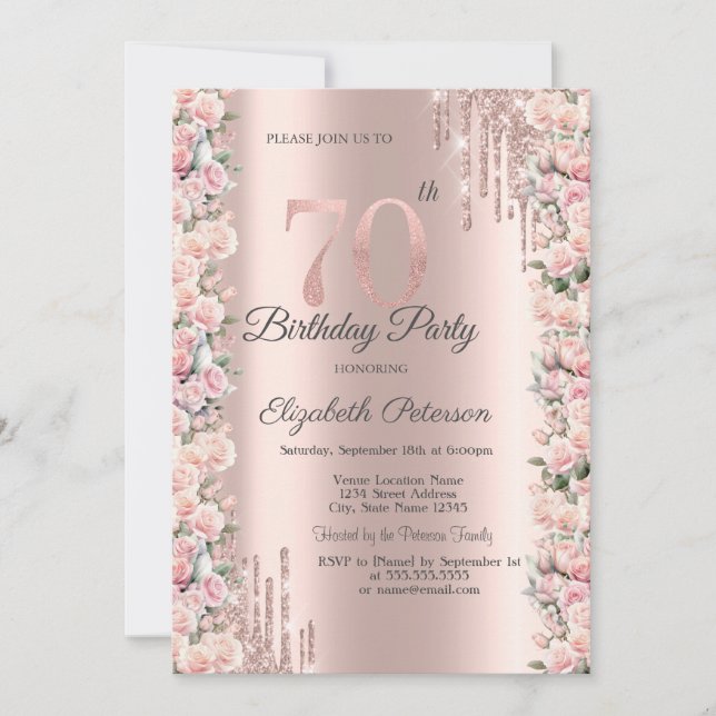 Rose Rahmen Tropfen Rose Gold 70. Geburtstag Einladung (Vorderseite)