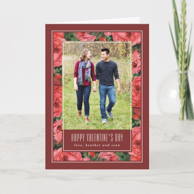 Rose Rahmen Valentinstag Fotokarte - Maroon Dankeskarte (Vorderseite)