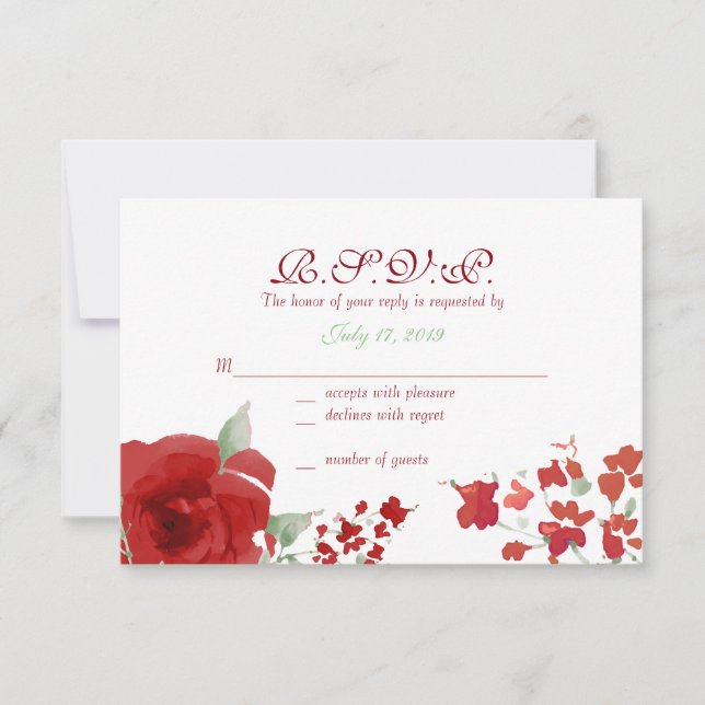 Rose-Reaktionskarten für die strahlende rote Wasse RSVP Karte (Vorderseite)