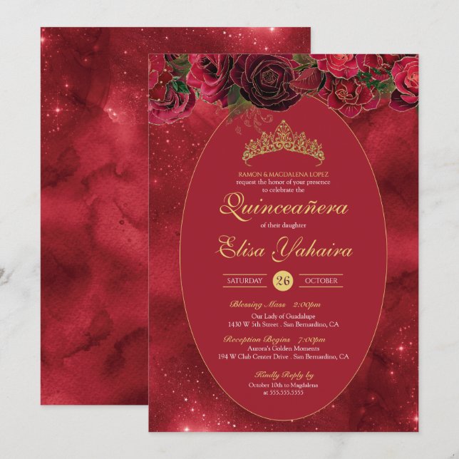 Rose Red Gold Luxus Butterfly Quinceanera Einladung (Vorne/Hinten)