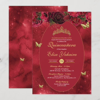 Rose Red Gold Luxus Butterfly Quinceanera Einladung