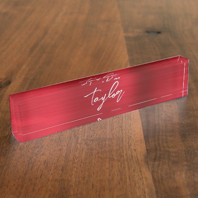 Rose Red Ombre Foil Modern Brush Script Namensplakette (Seite)