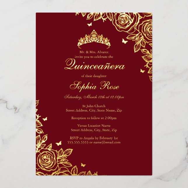 Rose Red Quinceanera Geburtstag Folieneinladung (Vorderseite)