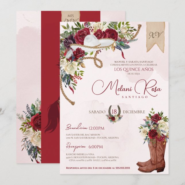 Rose "Red White Winter Charro Spanish Quinceanera" Einladung (Vorne/Hinten)