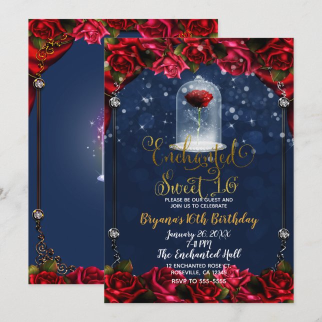 Rose Reds Navy Blue & Gold Sweet 16 Party Einladung (Vorne/Hinten)
