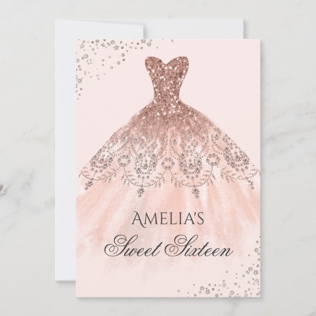 Rose Robe d'or Étincelle Sweet sixteen Invitation (Devant)