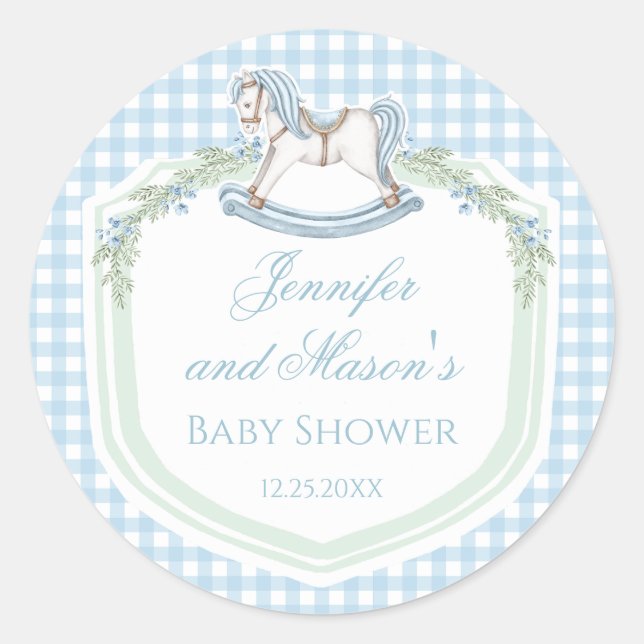 Rose-Rock-Gingham-Baby-Dusche Runder Aufkleber (Vorderseite)