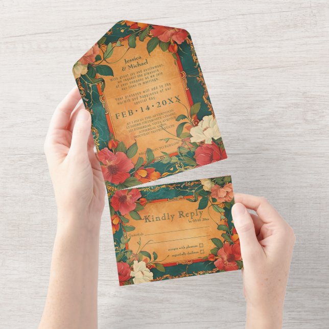 🌹 Rose Romantik: Jugendstil-Plendor All In One Einladung (Abreißen)