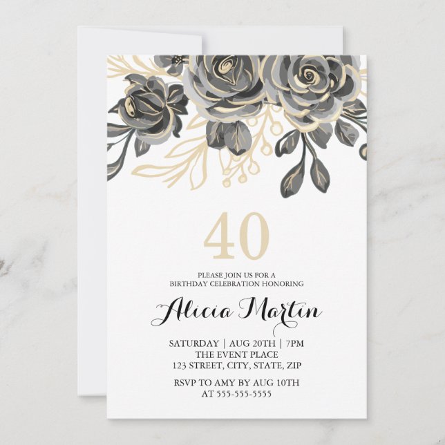 Rose romantique Black & Gold Invitation d'annivers (Devant)