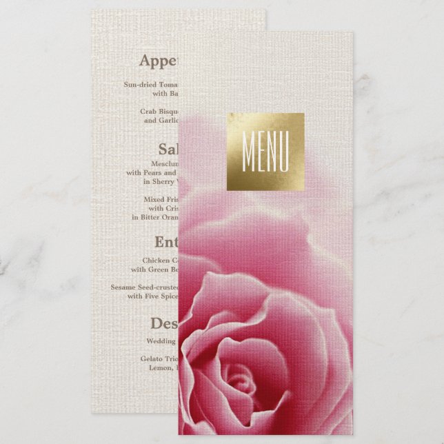 Rose romantique | Cartes de menu Mariage Gold Foil (Devant / Derrière)