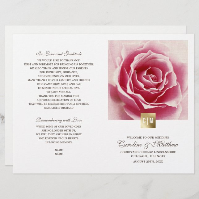Rose romantique | Programmes de mariage Gold Foil (Devant / Derrière)