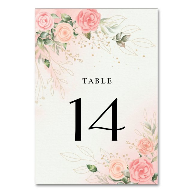 Rose Romantische Aquarellfarben Hochzeitsrosa Tischnummer (Vorderseite)