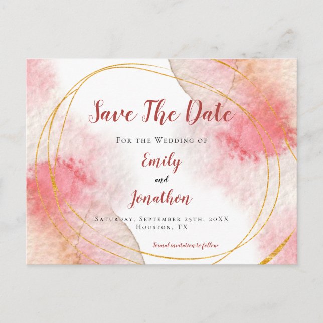 Rose Rosa Aquarellgoldlinien Save the Date Postkarte (Vorderseite)