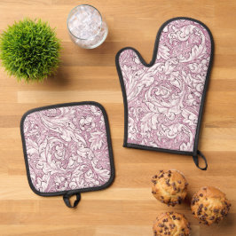 Rose Rosa Barock Verzierte Foliage Ofenhandschuh & Topflappen-Set
