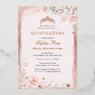 Rose Rosa Bläserschmetterling Tiara Quinceanera 15 Folieneinladung