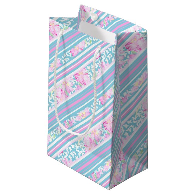Rose, rosa blaue Streifen Kleine Geschenktüte (Vorderseite Schrägansicht)