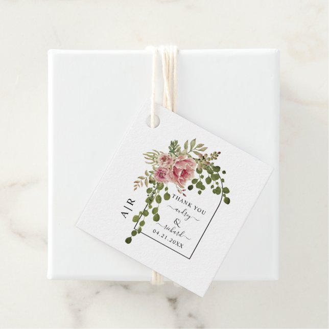 Rose Rosa Blume Bogen und Mono Hochzeit Geschenkanhänger (Beispiel)