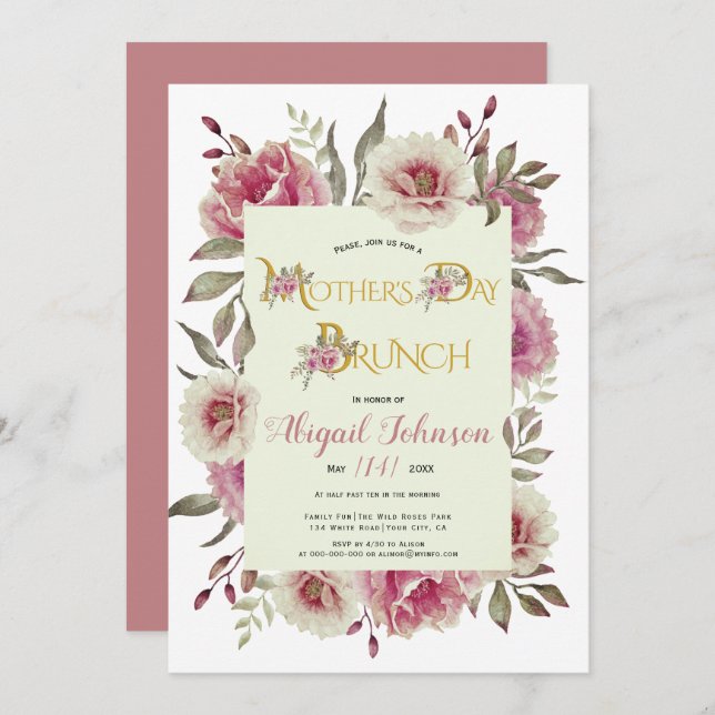 Rose Rosa Blume Mütter Tag Brunch Einladung (Vorne/Hinten)