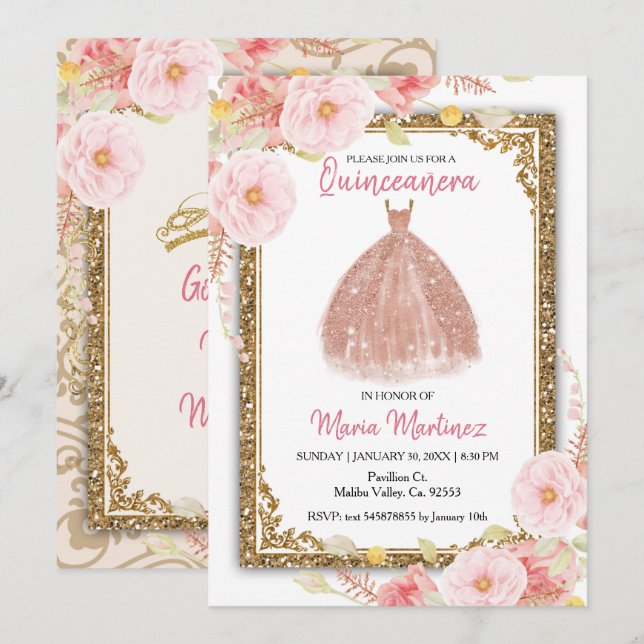 Rose Rosa Blume Quinceanera Einladung (Vorne/Hinten)