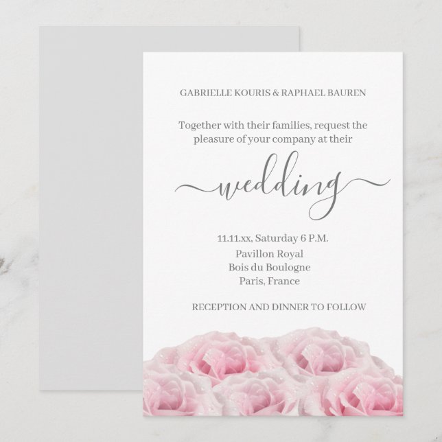 Rose Rosa Blume Weiß Grau Elegante Hochzeit der Bl Einladung (Vorne/Hinten)