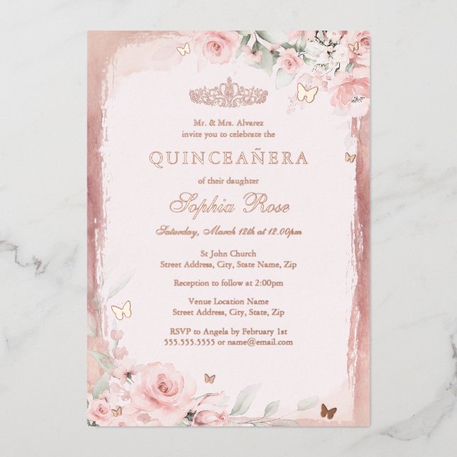 Rose Rosa Blumenschmetterling Quinceanera 15. Folieneinladung (Vorderseite)