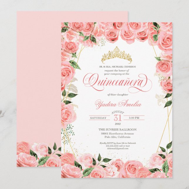 Rose Rosa Blush & Gold Glam Elegantes Quinceanera Einladung (Vorne/Hinten)