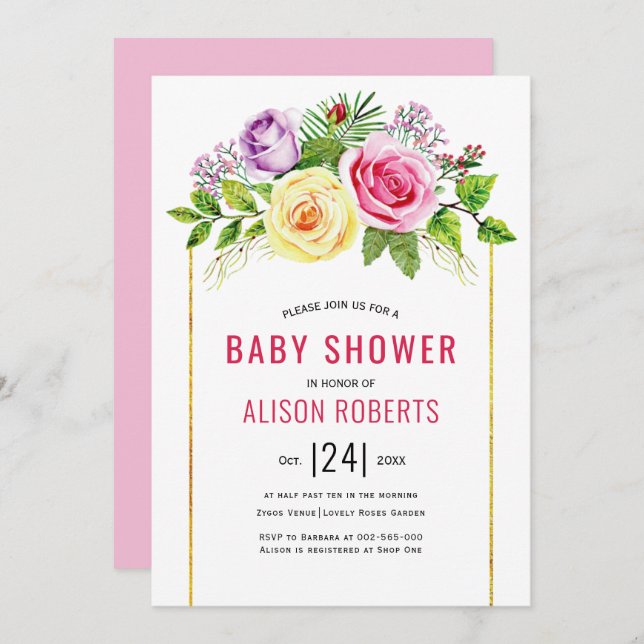 Rose Rosa Blütendusche Einladung (Vorne/Hinten)