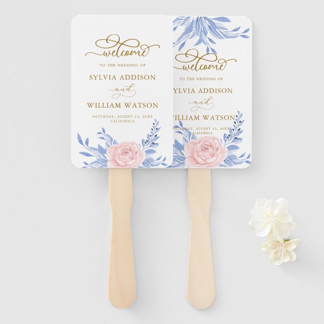 Rose Rosa Blütengoldminimale Dusty Blue Wedding Fächer (Vorne und Hinten)