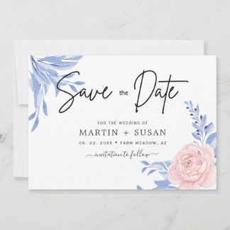 Rose Rosa Blütengoldminimale Dusty Blue Wedding Save The Date