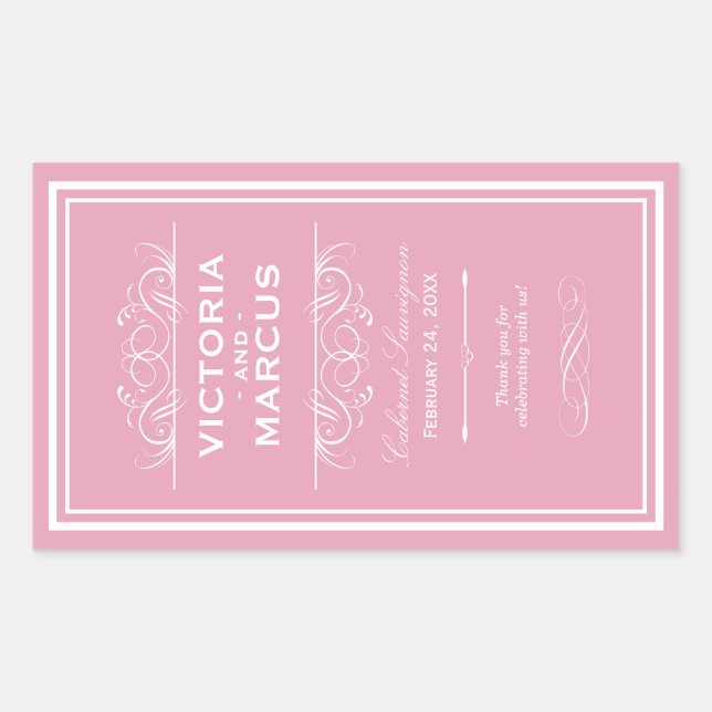 Rose Rosa Elegant Hochzeitsohle Weinflasche Rechteckiger Aufkleber (Vorderseite)