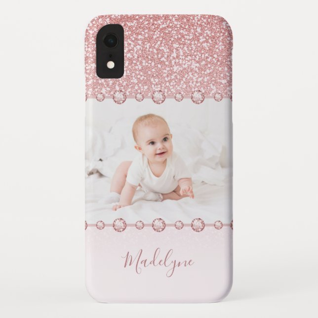 Rose Rosa Glitzer Kristall Name Foto Case-Mate iPhone Hülle (Rückseite)