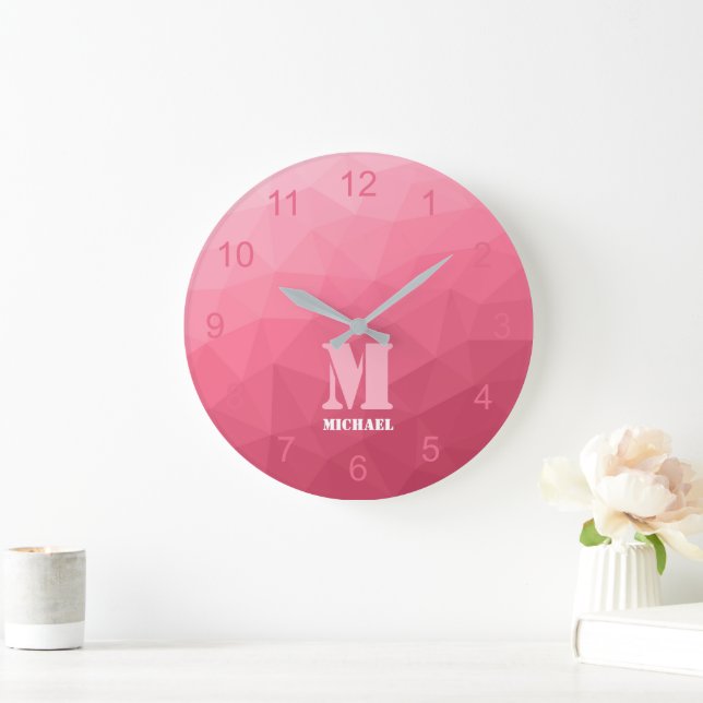 Rose rosa Gradient Geometrisches Messemuster Monog Große Wanduhr (Zuhause)