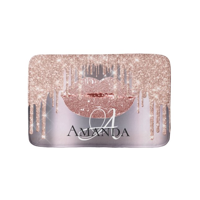 Rose Rosa Grauer Glitzer Name Monogramm Badematte (Vorderseite)