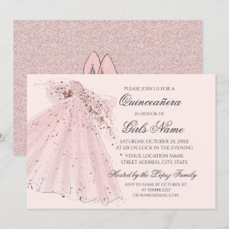 Rose Rosa Heelse und Gown Quinceañera Einladung