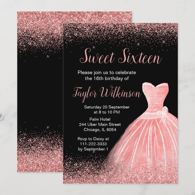 Rose Rosa Kleid Imitate Glitzer Sweet 16 Geburtsta Einladung (Vorne/Hinten)