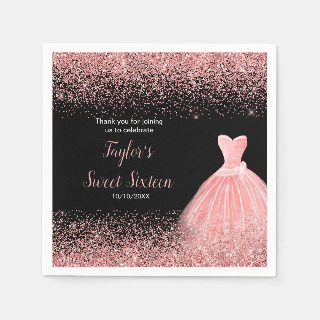 Rose Rosa Kleid Imitate Glitzer Sweet 16 Geburtsta Serviette (Vorderseite)