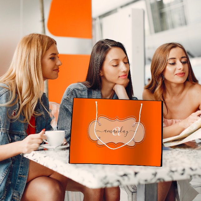 Rose Rosa Orange Royal Monogram Name Bridal Große Geschenktüte (Rose Pink Orange Royal Monogram Name Bridal Large Gift Bag)