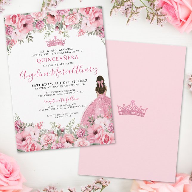Rose Rosa Quinceanera Einladung (Floral Rose Pink Quinceanera Invitation)