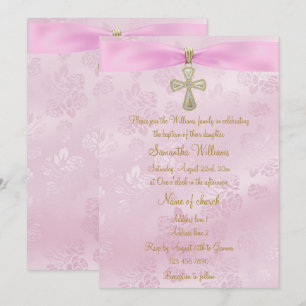 Rose, rosa Schleifen und Goldkreuz Einladung